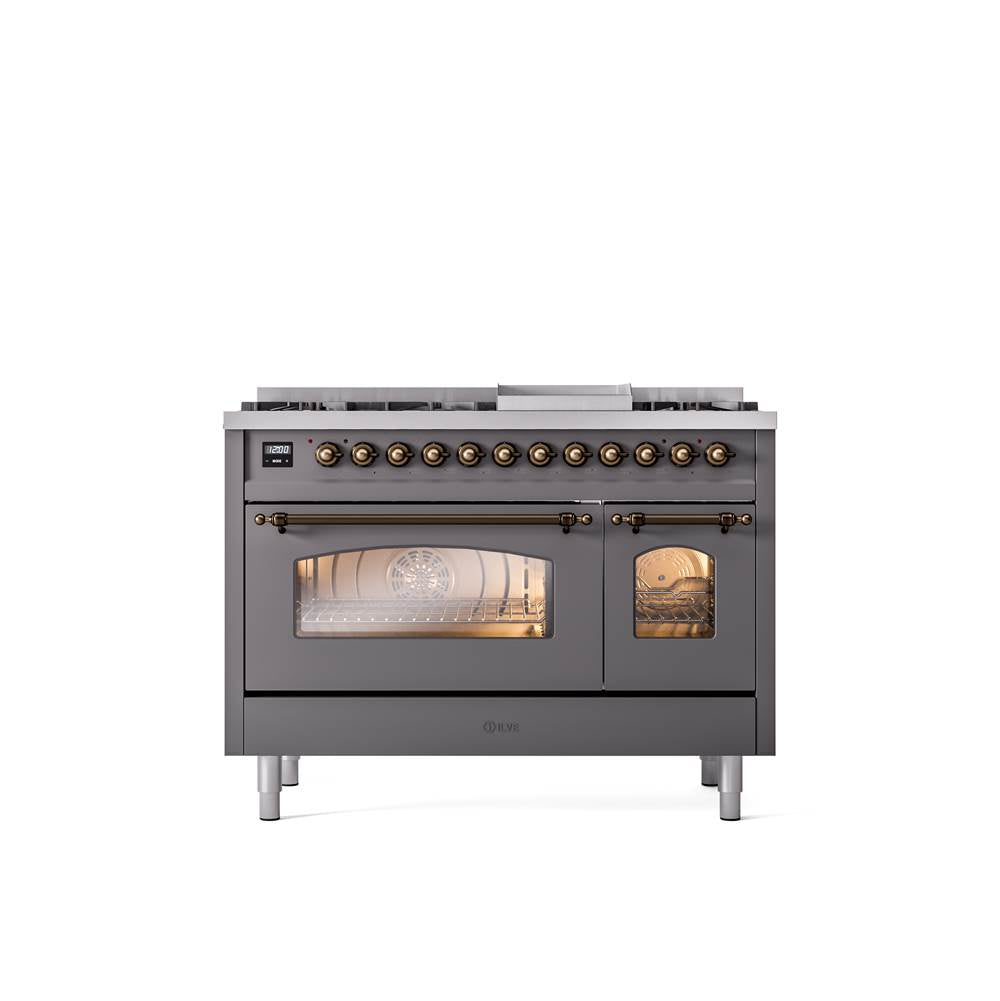 ILVE - 48'' Nostalgie II Series Freestanding Dual Fuel Range - Double Oven - Matte Graphite - Bronze trim - Griddle - Natural Gas - Bronze