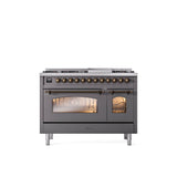 ILVE - 48'' Nostalgie II Series Freestanding Dual Fuel Range - Double Oven - Matte Graphite - Bronze trim - Griddle - Natural Gas - Bronze