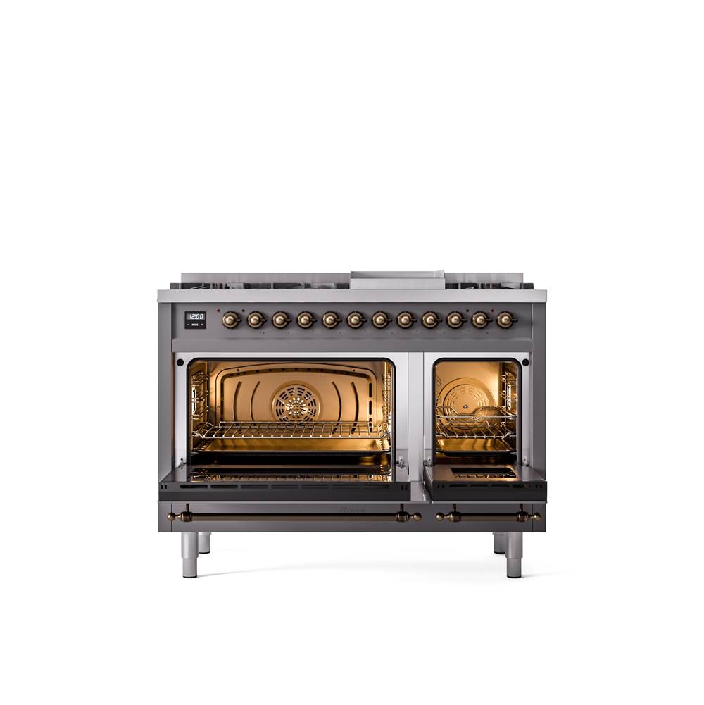48'' Nostalgie II Series Freestanding Dual Fuel Range - Double Oven - Matte Graphite - Bronze trim - Griddle - Natural Gas