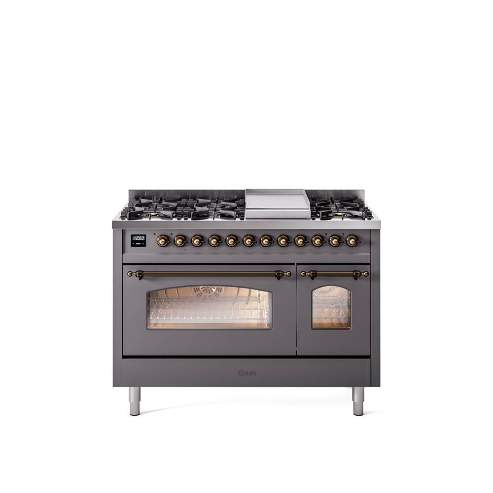 48'' Nostalgie II Series Freestanding Dual Fuel Range - Double Oven - Matte Graphite - Bronze trim - Griddle - Natural Gas