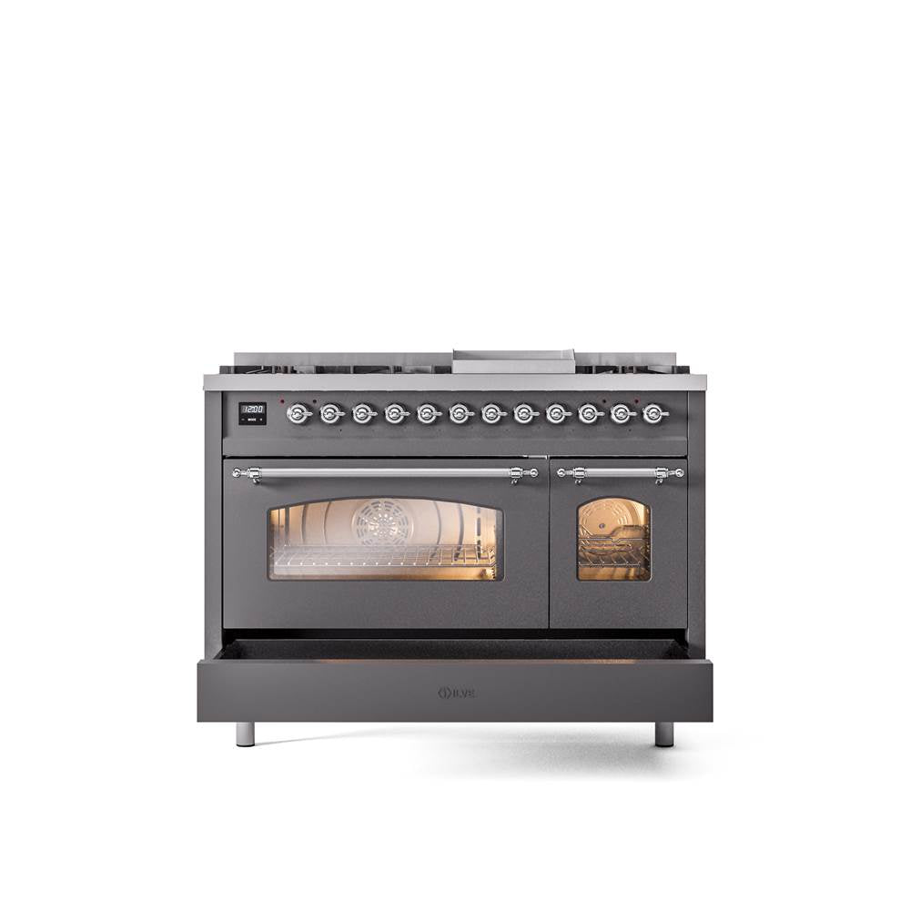 48'' Nostalgie II Series Freestanding Dual Fuel Range - Double Oven - Matte Graphite - Bronze trim - Griddle - Natural Gas