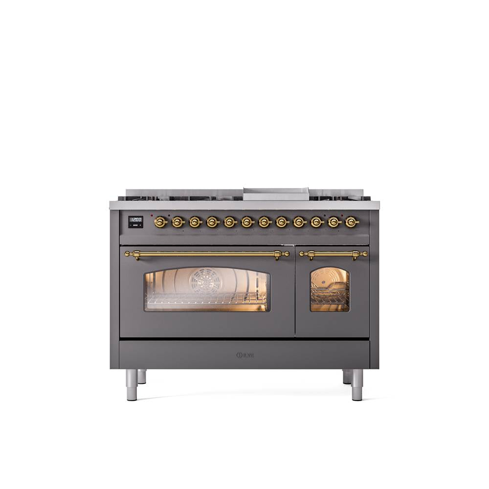 ILVE - 48'' Nostalgie II Series Freestanding Dual Fuel Range - Double Oven - Matte Graphite - Brass trim - Griddle - Natural Gas - Brass