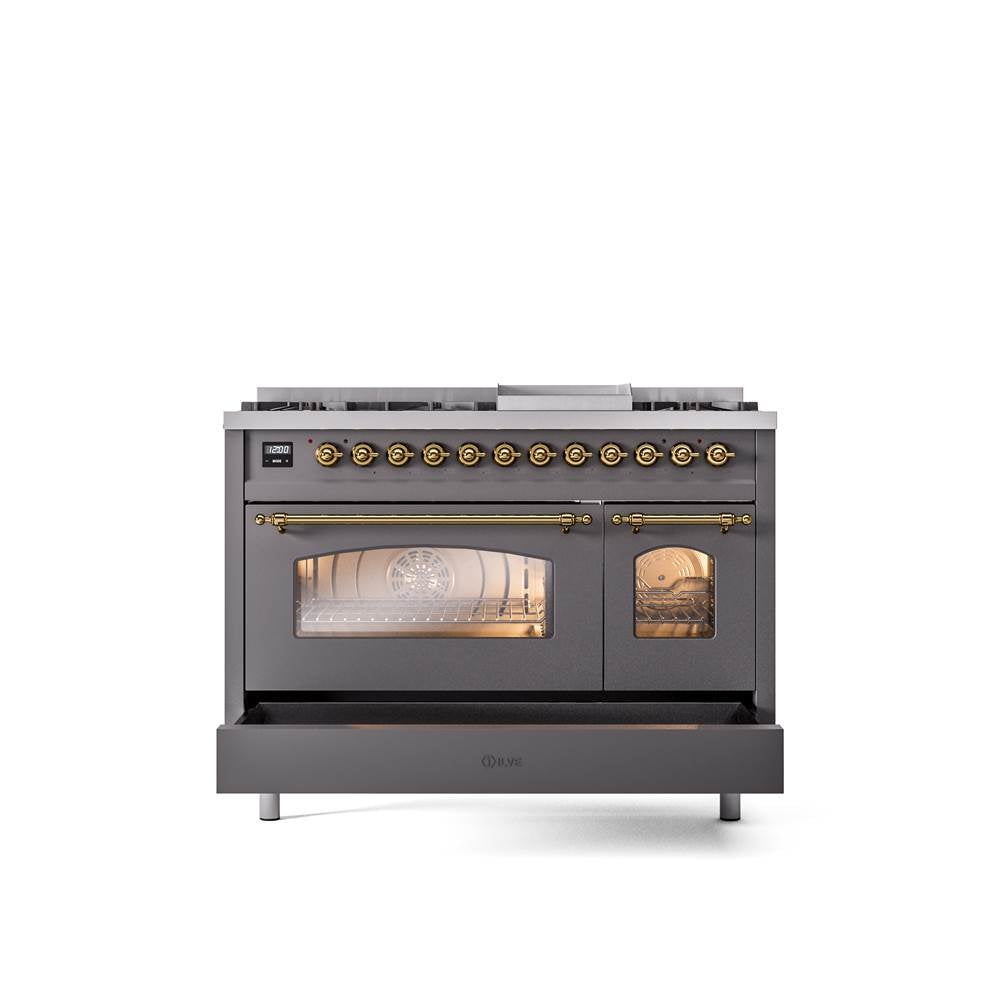 48'' Nostalgie II Series Freestanding Dual Fuel Range - Double Oven - Matte Graphite - Bronze trim - Griddle - Natural Gas