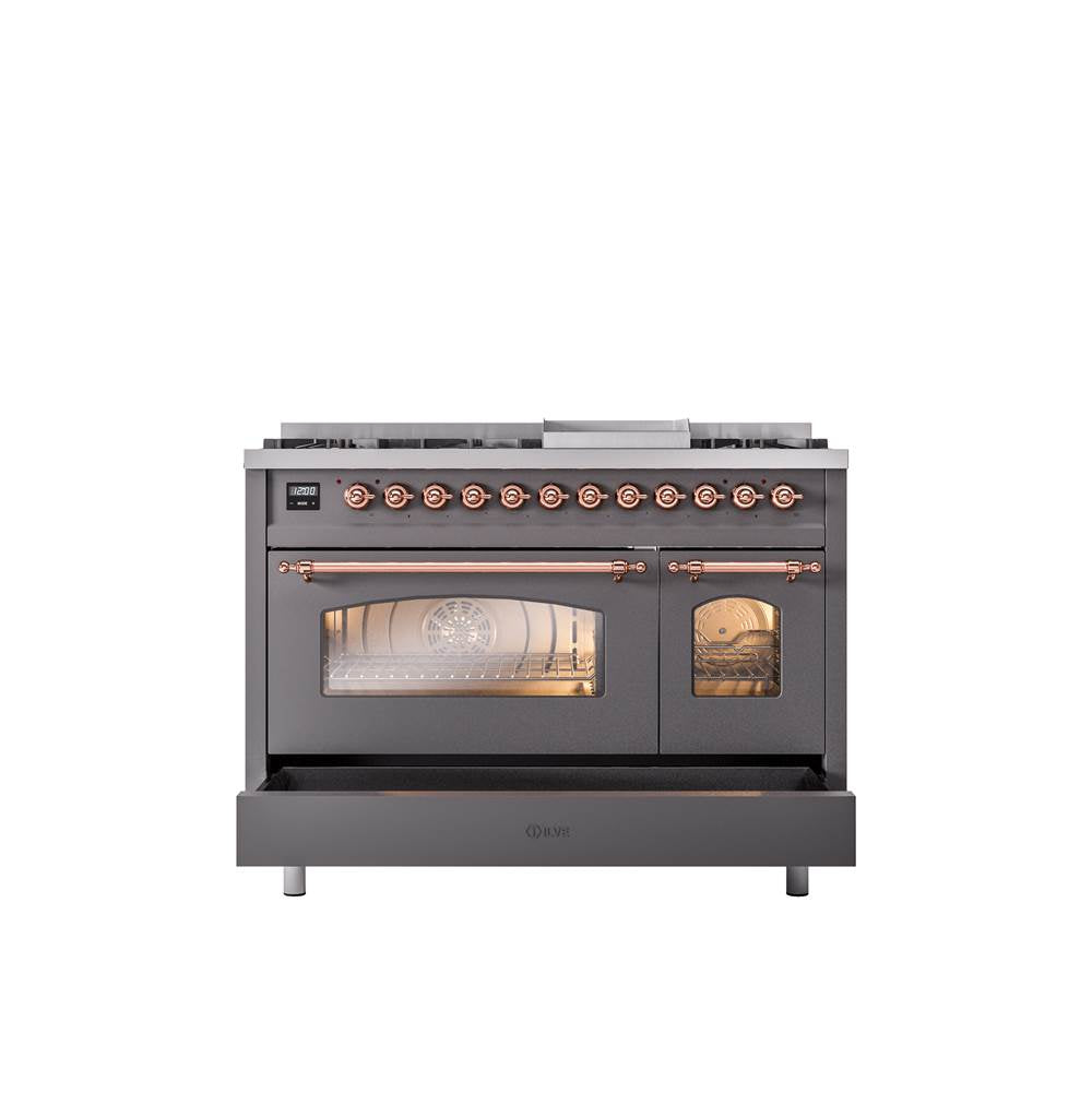 48'' Nostalgie II Series Freestanding Dual Fuel Range - Double Oven - Matte Graphite - Bronze trim - Griddle - Natural Gas