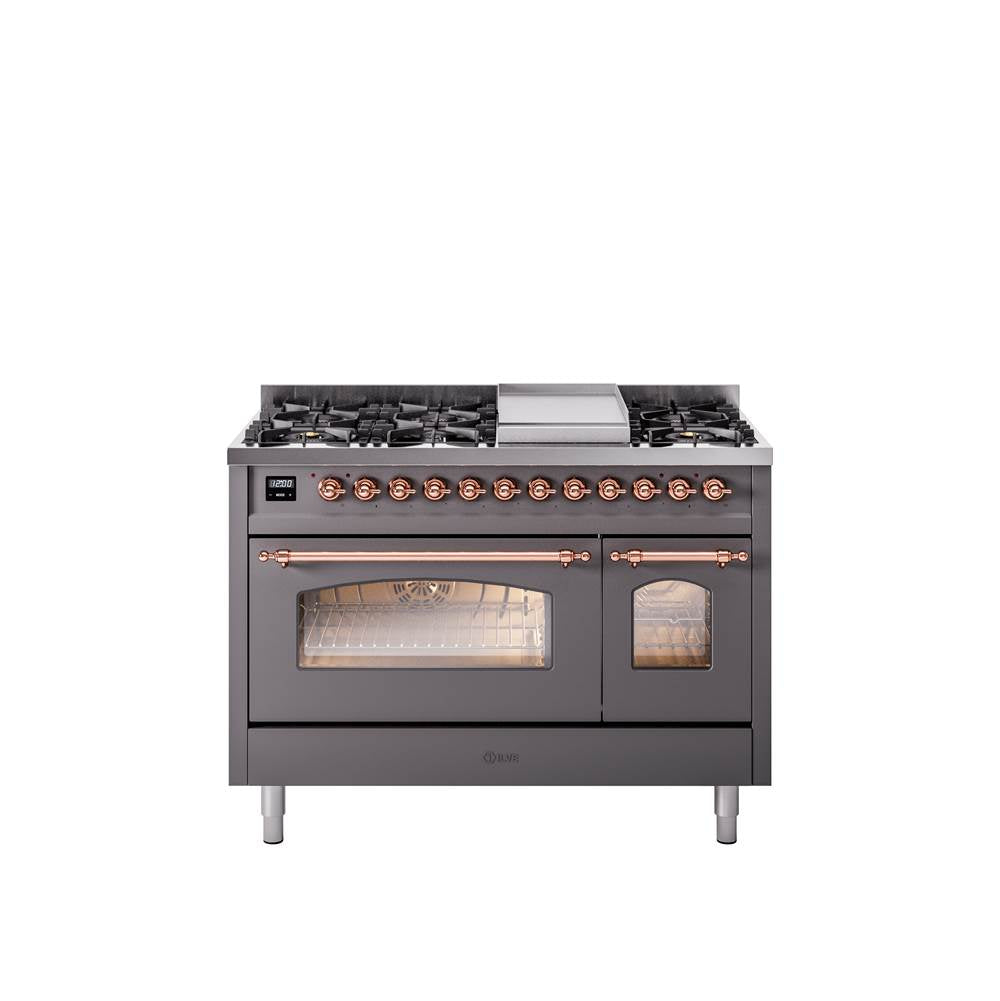 48'' Nostalgie II Series Freestanding Dual Fuel Range - Double Oven - Matte Graphite - Bronze trim - Griddle - Natural Gas