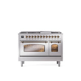 ILVE - 48'' Nostalgie II Series Freestanding Dual Fuel Range - Double Oven - Stainless Steel - Bronze trim - Griddle - Natural Gas - Bronze
