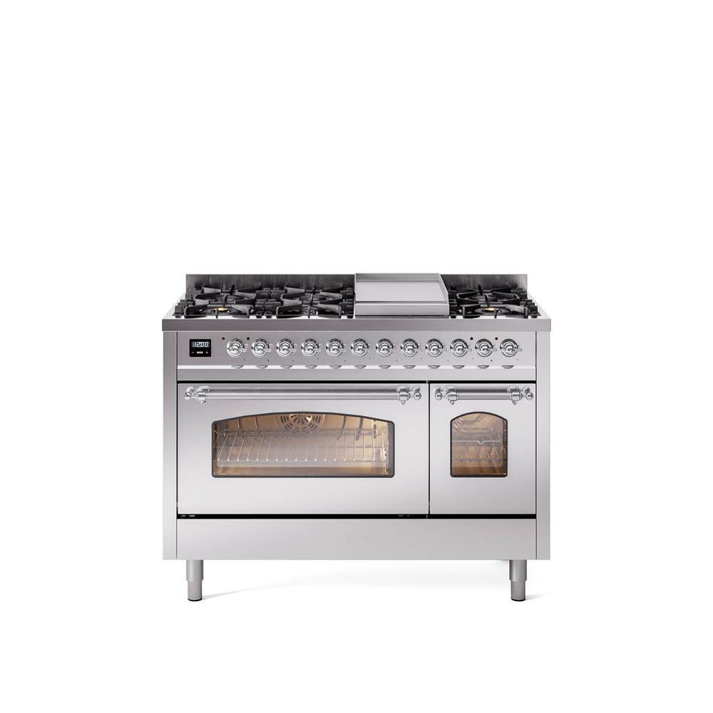 48'' Nostalgie II Series Freestanding Dual Fuel Range - Double Oven - Stainless Steel - Bronze trim - Griddle - Natural Gas