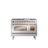 ILVE - 48'' Nostalgie II Series Freestanding Dual Fuel Range - Double Oven - Stainless Steel - Brass trim - Griddle - Natural Gas - Brass
