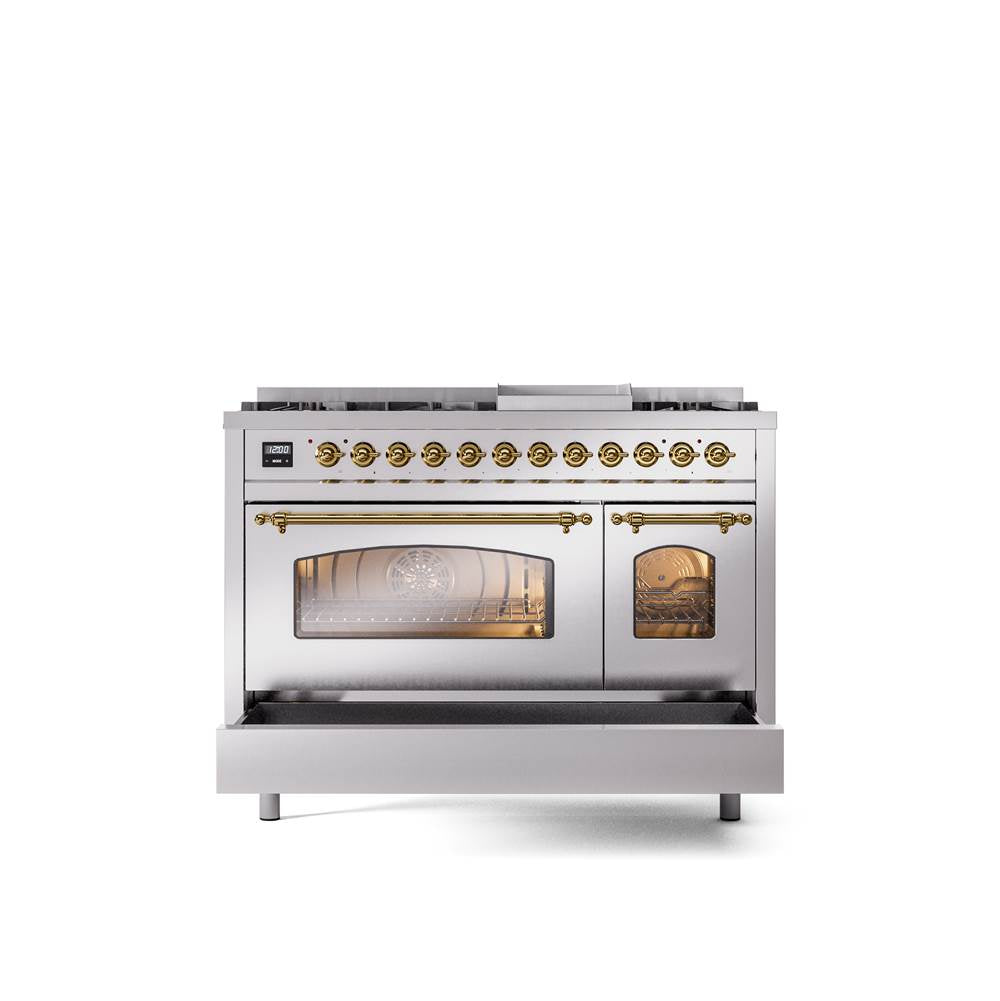 48'' Nostalgie II Series Freestanding Dual Fuel Range - Double Oven - Stainless Steel - Bronze trim - Griddle - Natural Gas