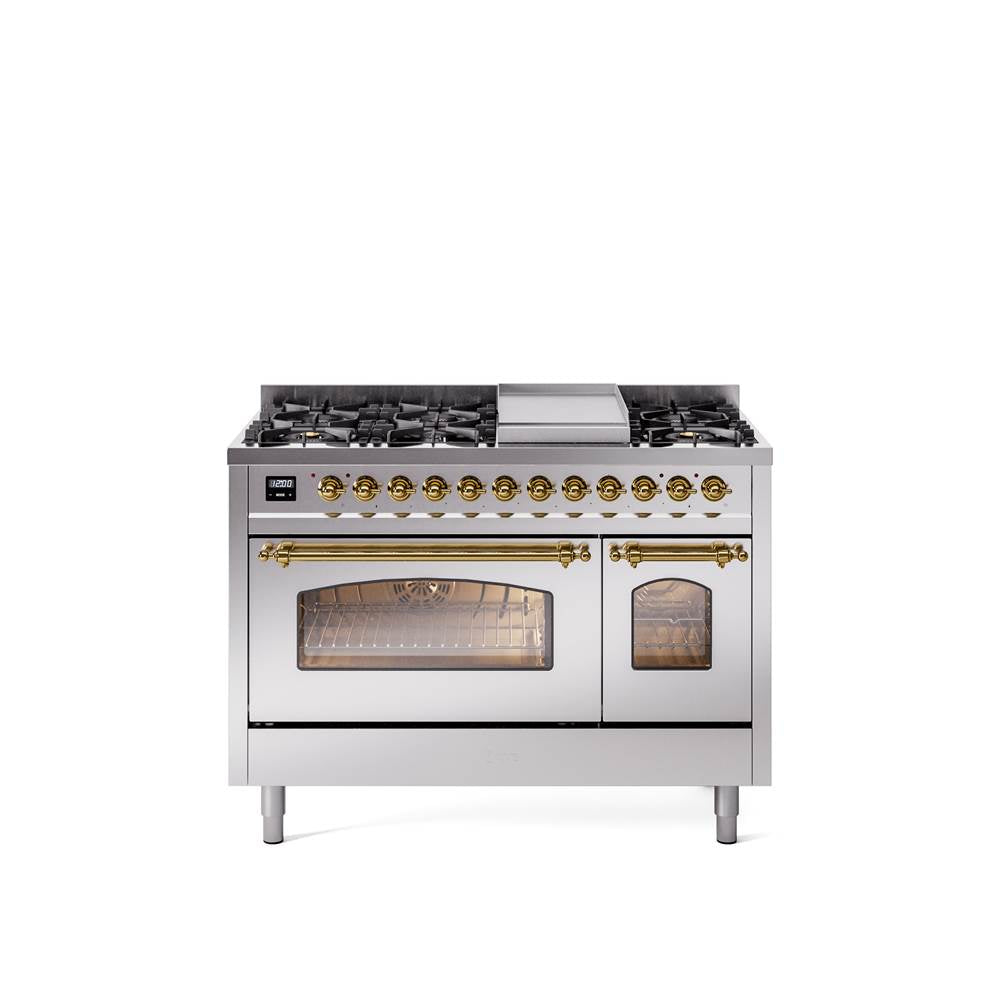 48'' Nostalgie II Series Freestanding Dual Fuel Range - Double Oven - Stainless Steel - Bronze trim - Griddle - Natural Gas