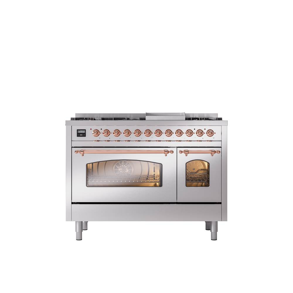 ILVE - 48'' Nostalgie II Series Freestanding Dual Fuel Range - Double Oven - Stainless Steel - Copper trim - Griddle - Natural Gas - Copper