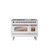 ILVE - 48'' Nostalgie II Series Freestanding Dual Fuel Range - Double Oven - White - Bronze trim - Griddle - Natural Gas - Bronze
