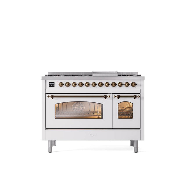 ILVE - 48'' Nostalgie II Series Freestanding Dual Fuel Range - Double Oven - White - Bronze trim - Griddle - Natural Gas - Bronze