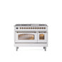 ILVE - 48'' Nostalgie II Series Freestanding Dual Fuel Range - Double Oven - White - Bronze trim - Griddle - Natural Gas - Bronze