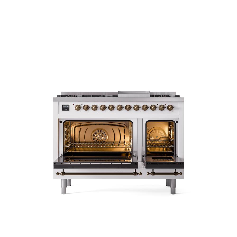 48'' Nostalgie II Series Freestanding Dual Fuel Range - Double Oven - White - Bronze trim - Griddle - Natural Gas