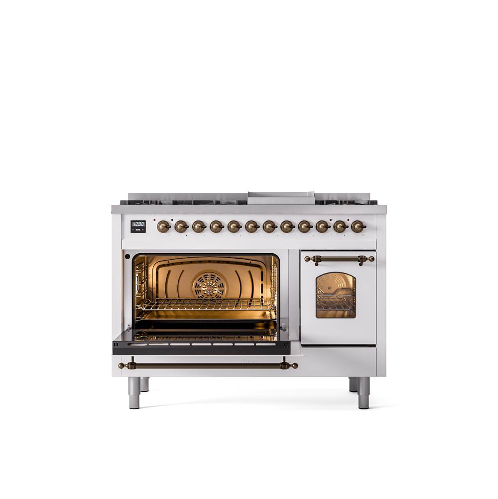 48'' Nostalgie II Series Freestanding Dual Fuel Range - Double Oven - White - Bronze trim - Griddle - Natural Gas