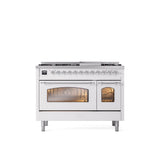 ILVE - 48'' Nostalgie II Series Freestanding Dual Fuel Range - Double Oven - White - Chrome trim - Griddle - Natural Gas - Chrome