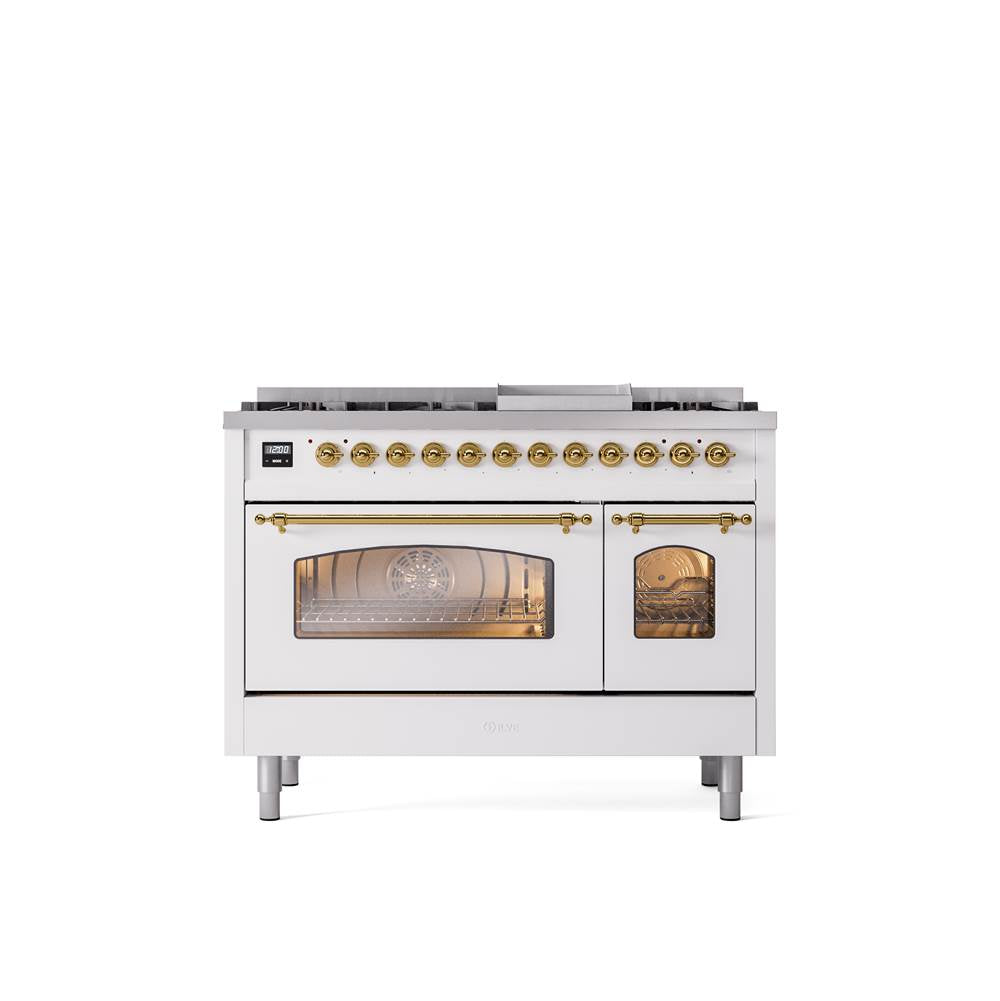 ILVE - 48'' Nostalgie II Series Freestanding Dual Fuel Range - Double Oven - White - Brass trim - Griddle - Natural Gas - Brass