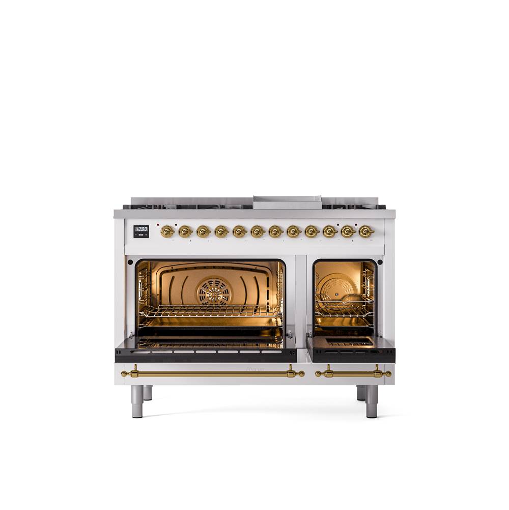 48'' Nostalgie II Series Freestanding Dual Fuel Range - Double Oven - White - Bronze trim - Griddle - Natural Gas