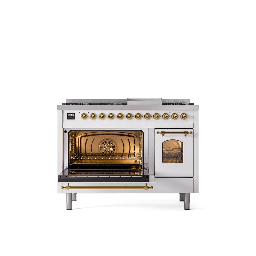 48'' Nostalgie II Series Freestanding Dual Fuel Range - Double Oven - White - Bronze trim - Griddle - Natural Gas