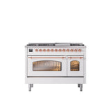 ILVE - 48'' Nostalgie II Series Freestanding Dual Fuel Range - Double Oven - White - Copper trim - Griddle - Natural Gas - Copper