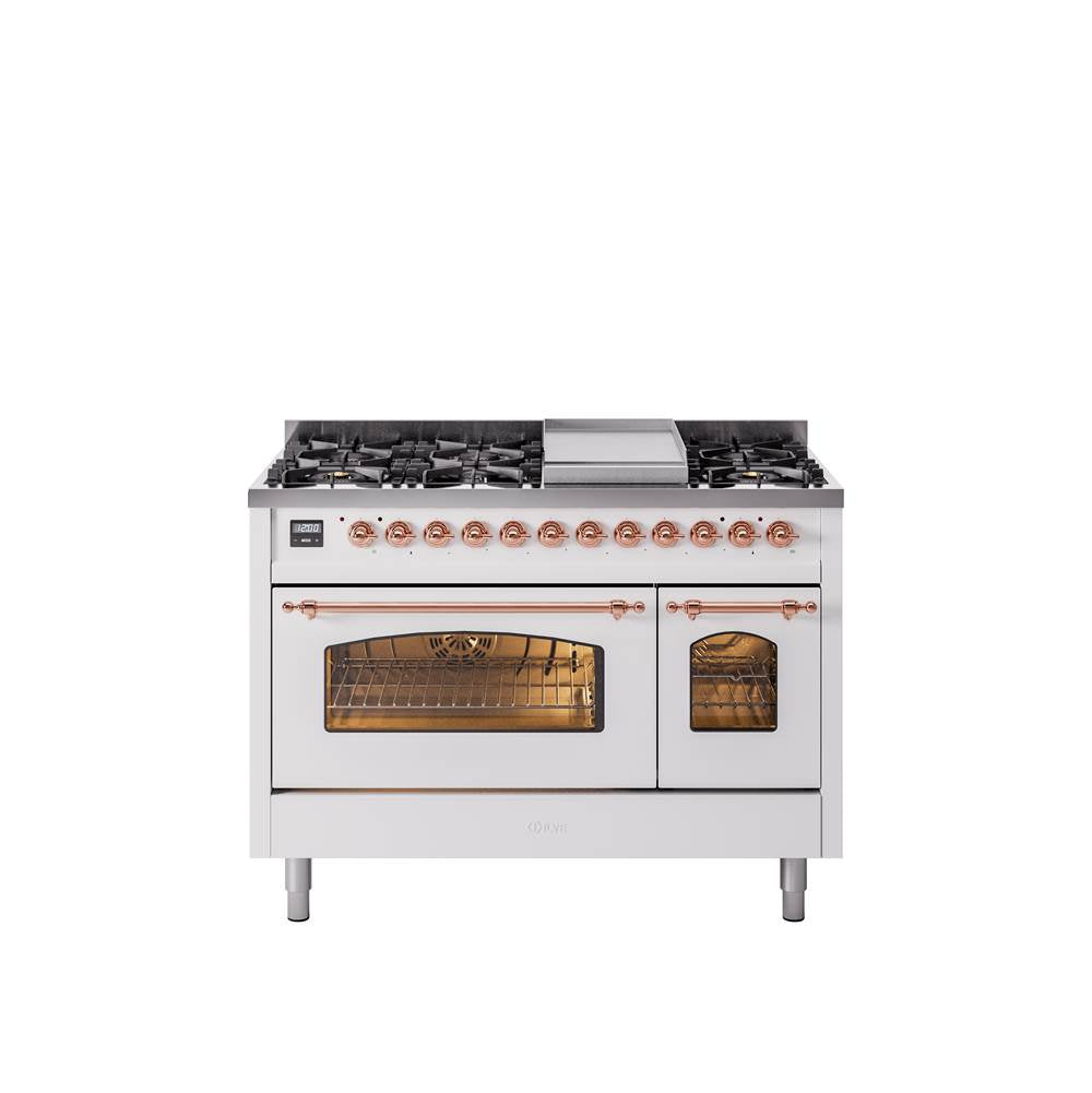 48'' Nostalgie II Series Freestanding Dual Fuel Range - Double Oven - White - Bronze trim - Griddle - Natural Gas