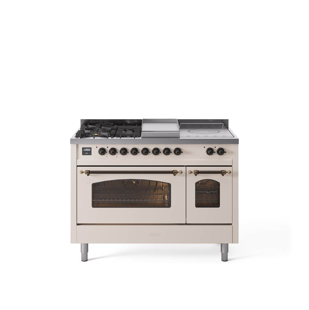 48'' Nostalgie II Series Freestanding Dual Fuel Range - Double Oven - Antique White - Bronze trim - Griddle, Coup de Feu,- Natural Gas