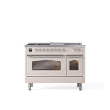 ILVE - 48'' Nostalgie II Series Freestanding Dual Fuel Range - Double Oven - Antique White - Chrome trim - Griddle, Coup de Feu,- Natural Gas - Chrome