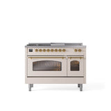 ILVE - 48'' Nostalgie II Series Freestanding Dual Fuel Range - Double Oven - Antique White - Brass trim - Griddle, Coup de Feu,- Natural Gas - Brass