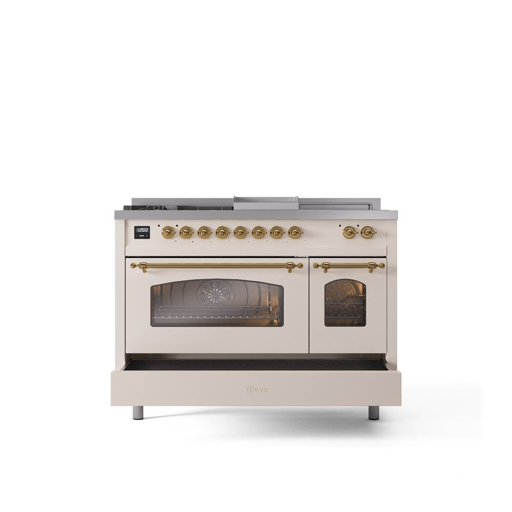 48'' Nostalgie II Series Freestanding Dual Fuel Range - Double Oven - Antique White - Bronze trim - Griddle, Coup de Feu,- Natural Gas