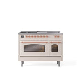 ILVE - 48'' Nostalgie II Series Freestanding Dual Fuel Range - Double Oven - Antique White - Copper trim - Griddle, Coup de Feu,- Natural Gas - Copper
