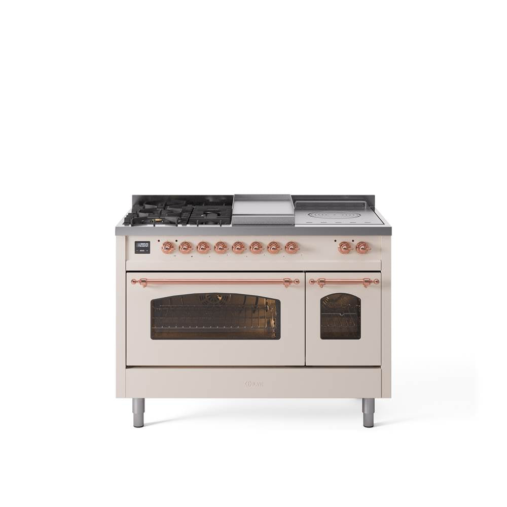48'' Nostalgie II Series Freestanding Dual Fuel Range - Double Oven - Antique White - Bronze trim - Griddle, Coup de Feu,- Natural Gas