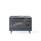 ILVE - 48'' Nostalgie II Series Freestanding Dual Fuel Range - Double Oven - Blue Grey - Bronze trim - Griddle, Coup de Feu,- Natural Gas - Bronze