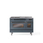 ILVE - 48'' Nostalgie II Series Freestanding Dual Fuel Range - Double Oven - Blue Grey - Bronze trim - Griddle, Coup de Feu,- Natural Gas - Bronze