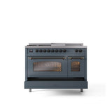 48'' Nostalgie II Series Freestanding Dual Fuel Range - Double Oven - Blue Grey - Bronze trim - Griddle, Coup de Feu,- Natural Gas