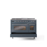 48'' Nostalgie II Series Freestanding Dual Fuel Range - Double Oven - Blue Grey - Bronze trim - Griddle, Coup de Feu,- Natural Gas