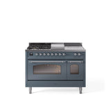 48'' Nostalgie II Series Freestanding Dual Fuel Range - Double Oven - Blue Grey - Bronze trim - Griddle, Coup de Feu,- Natural Gas