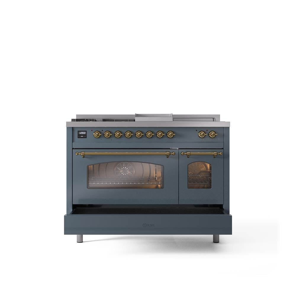 48'' Nostalgie II Series Freestanding Dual Fuel Range - Double Oven - Blue Grey - Bronze trim - Griddle, Coup de Feu,- Natural Gas