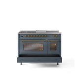 48'' Nostalgie II Series Freestanding Dual Fuel Range - Double Oven - Blue Grey - Bronze trim - Griddle, Coup de Feu,- Natural Gas