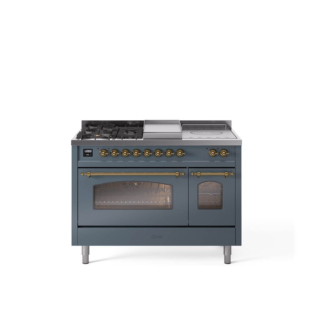48'' Nostalgie II Series Freestanding Dual Fuel Range - Double Oven - Blue Grey - Bronze trim - Griddle, Coup de Feu,- Natural Gas