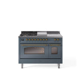 48'' Nostalgie II Series Freestanding Dual Fuel Range - Double Oven - Blue Grey - Bronze trim - Griddle, Coup de Feu,- Natural Gas
