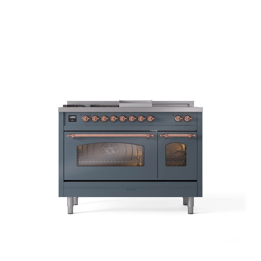 ILVE - 48'' Nostalgie II Series Freestanding Dual Fuel Range - Double Oven - Blue Grey - Copper trim - Griddle, Coup de Feu,- Natural Gas - Copper
