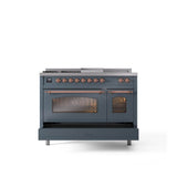 48'' Nostalgie II Series Freestanding Dual Fuel Range - Double Oven - Blue Grey - Bronze trim - Griddle, Coup de Feu,- Natural Gas