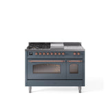 48'' Nostalgie II Series Freestanding Dual Fuel Range - Double Oven - Blue Grey - Bronze trim - Griddle, Coup de Feu,- Natural Gas