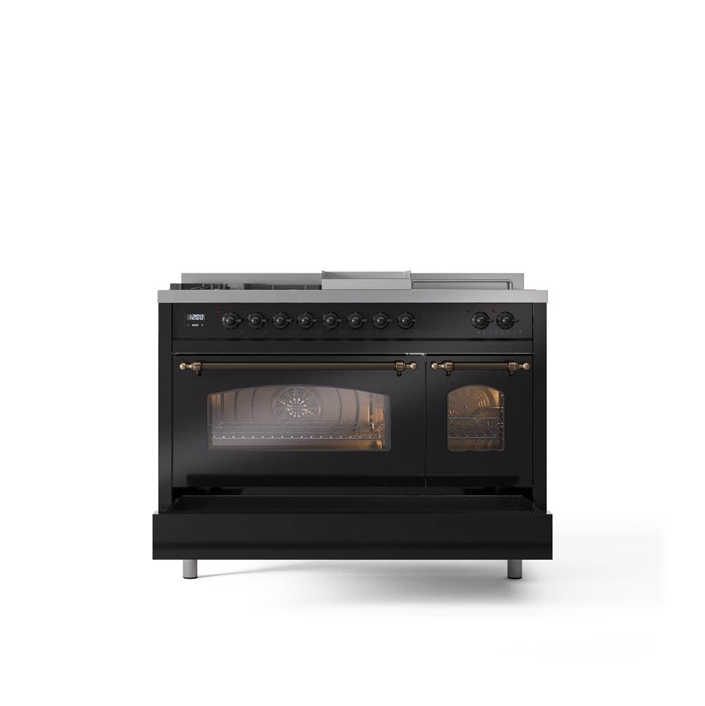 48'' Nostalgie II Series Freestanding Dual Fuel Range - Double Oven - Glossy Black - Bronze trim - Griddle, Coup de Feu,- Natural Gas