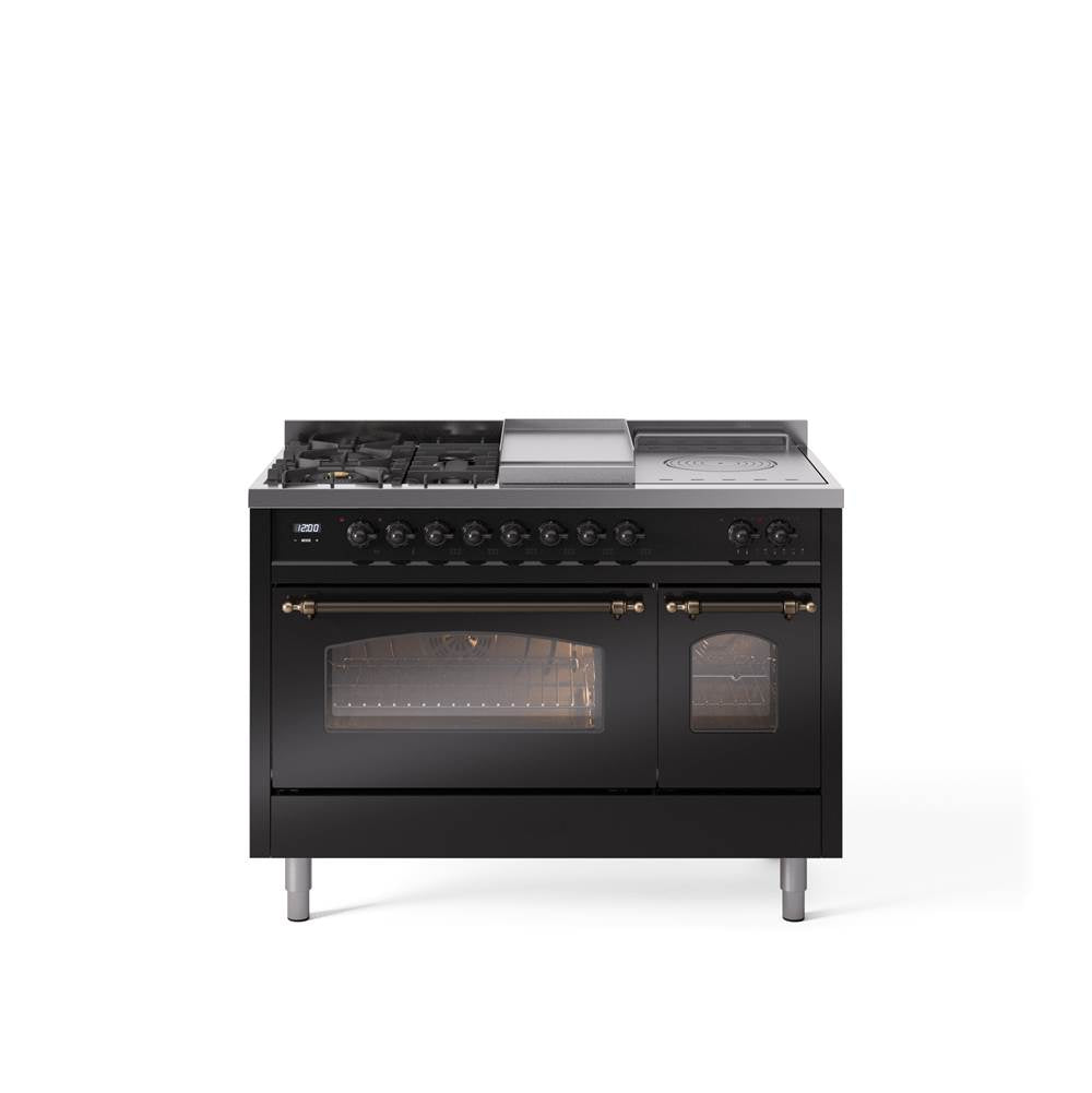48'' Nostalgie II Series Freestanding Dual Fuel Range - Double Oven - Glossy Black - Bronze trim - Griddle, Coup de Feu,- Natural Gas