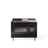 48'' Nostalgie II Series Freestanding Dual Fuel Range - Double Oven - Glossy Black - Bronze trim - Griddle, Coup de Feu,- Natural Gas