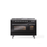 ILVE - 48'' Nostalgie II Series Freestanding Dual Fuel Range - Double Oven - Glossy Black - Chrome trim - Griddle, Coup de Feu,- Natural Gas - Chrome