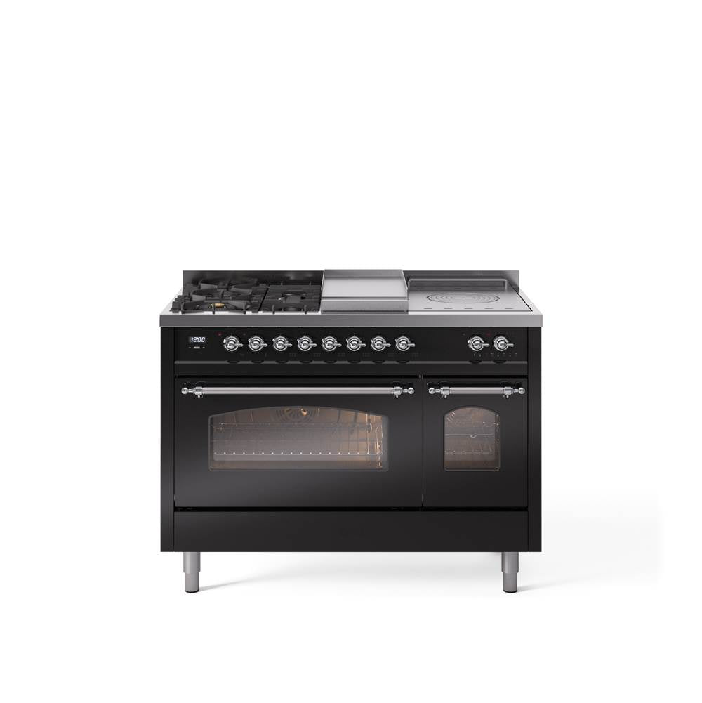 48'' Nostalgie II Series Freestanding Dual Fuel Range - Double Oven - Glossy Black - Bronze trim - Griddle, Coup de Feu,- Natural Gas