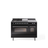 48'' Nostalgie II Series Freestanding Dual Fuel Range - Double Oven - Glossy Black - Bronze trim - Griddle, Coup de Feu,- Natural Gas